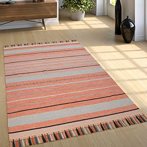 Paco Home Alfombra Natural Salón con Flecos, Moderna Tejida A Mano Kilim, 100 % Algodón, tamaño:60x110 cm, Color:Albaricoque