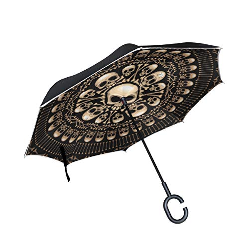 Paraguas invertido de doble capa, roseta consiste en calaveras y huesos anti-UV resistente al viento paraguas de viaje con mango en forma de C