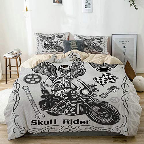 Popsastaresa Bedding Juego de Funda de Edredón,Beige,Evil Hipster Dead Skull Skeleton Moto Jinete Wings Drive to Hell Imagen de Humor,Funda de Nórdico y 2 Fundas de Almohada Single