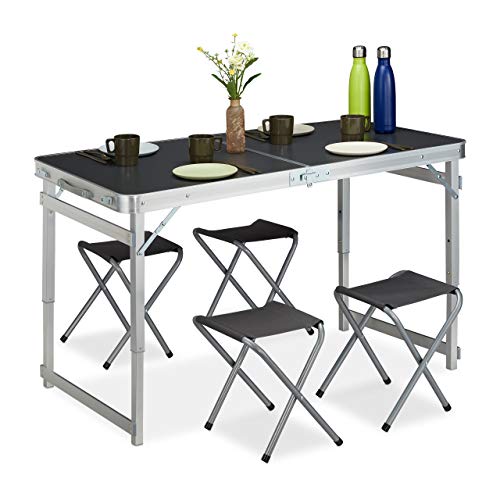 Relaxdays Campingtisch Set Juego, 4 sillas, Mesa Plegable de Camping, Altura Regulable, 120 x 60 cm, Aluminio, MDF, Plata/Gris, Metal, 1 Unidad