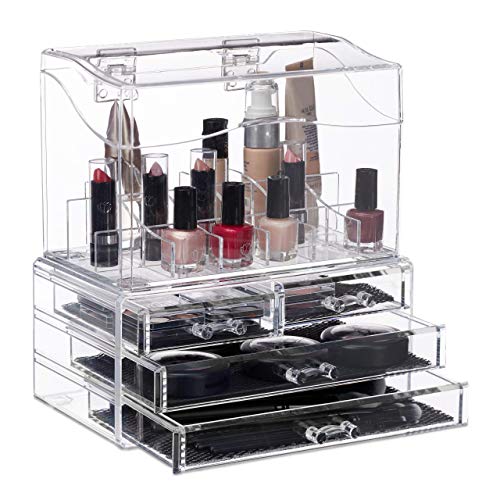 Relaxdays Organizador para maquillaje, Cuatro Cajones, Con tapa, 18 Compartimentos, Transparente