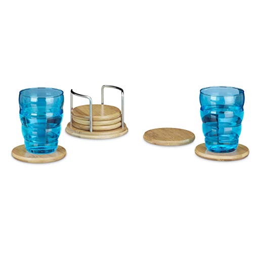 Relaxdays Posavasos, Seis salvamanteles con Soporte, Bambú, Redondos, 9,5 cm, 1 Set, Marrón