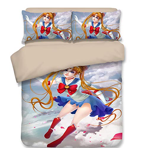 RITIOA Juego de funda de edredón King SailorMoon SuperS, con cierre de cremallera impreso, fácil cuidado y diseño de microfibra súper suave, funda de edredón King + 2 fundas de almohada