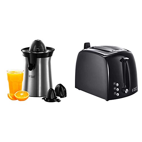 Russell Hobbs Classics 22760-56 - Exprimidor de Zumo Eléctrico, 2 Accesorios, 60 W + Hobbs Textures Plus - Tostadora (2 Ranuras Anchas, de Plástico con Detalles Acero Inox, Negro)