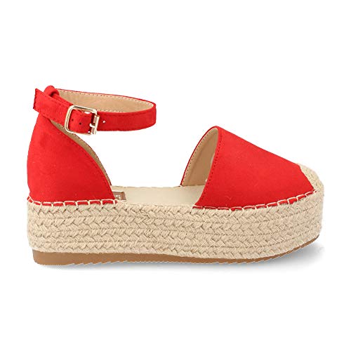 Sandalia de Mujer con Plataforma de 5 cm Yute y Correa Ajustable al Tobillo Primavera Verano 2019. Talla 40 Rojo