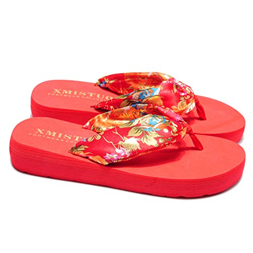 Sandalias Mujer Verano, Estilo Bohemio Cinta Seda Decorado, Zapatillas Antideslizantes de Playa, Rojo, 39 EU (25.5cm)