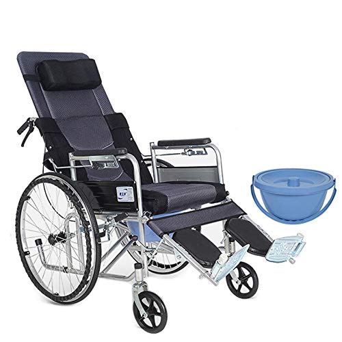 Silla de ruedas autopropulsada Sillas de ruedas plegables Silla de ruedas portátil totalmente reclinable,propulsada a mano, con dispositivo de movilidad liviano para ancianos,con orinal y almohada