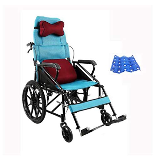Silla de ruedas de transporte semi-reclinable, ligera, plegable, rueda trasera sólida de 20 ", asiento ancho de 46 cm, silla de ruedas portátil de acero para adultos mayores, silla de ruedas manual
