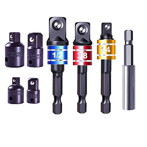 Siundam Adaptador para Llave de Carraca, Juego de 4 Pzas Adaptadores de 1/4", 3/8", 1/2" +Set con 3 Pzas de Color Aluminio adaptadores 1/4" hex-1/4-3/8" 1/2" Llave de Vaso