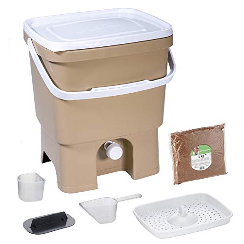 Skaza Bokashi Organko (16 L) Compostador de Jardín y Cocina de Plástico Reciclado | Starter Set con Bokashi Organko Polvo 1 Kg. (Cappuccino-Blanco)