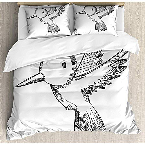 Sketch Art Flying Hummingbird with Open Wings Simplistic, Juego de Funda nórdica, 2 Fundas de Almohada, Gris carbón y Blanco