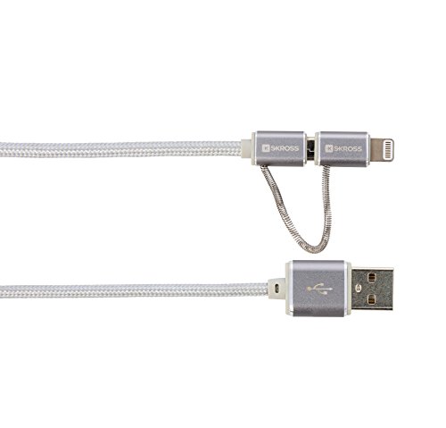 SKROSS 2in1 Charge'n Sync - Steel Line - Cable USB (1 m, USB A, Micro-USB B/Lightning, Male Connector/Male Connector, Plata)