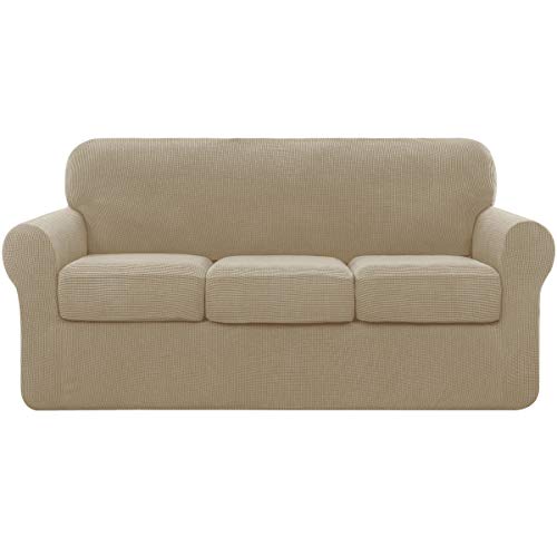 subrtex 3 Plazas Funda de Sofá de con 3 Cojines de Asiento Separados de Alta Elasticidad para Sillón Anti Arañazos Protector de Muebles Lavables (3 Plazas, Arena)