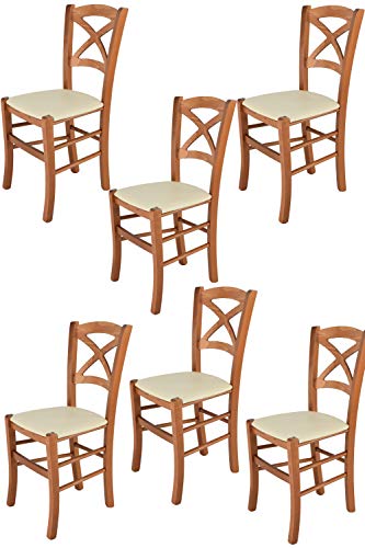 t m c s Tommychairs - Set 6 sillas Cross para Cocina y Comedor, Estructura en Madera de Haya Color Cerezo y Asiento tapizado en Polipiel Color Marfil
