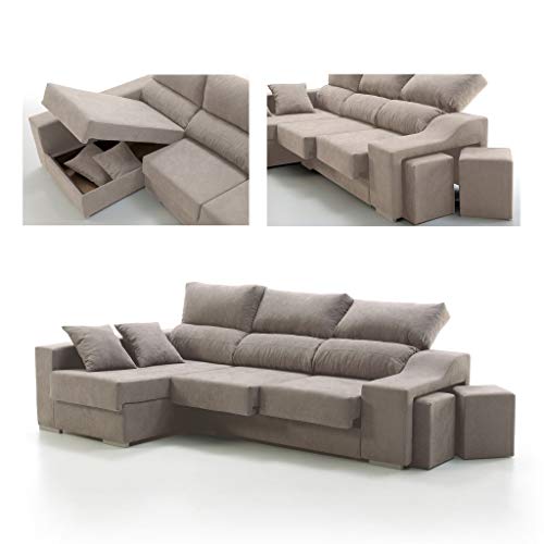 Tanuk Sofá Chaise Longue 4 Plazas Beige Crudo Sultan Izquierda 260x150 Asientos Extensibles Arcón y 2 Puffs Desenfundable Sistema de Limpieza ACUALINE (Envío y Subida a Domicilio Incluidos)