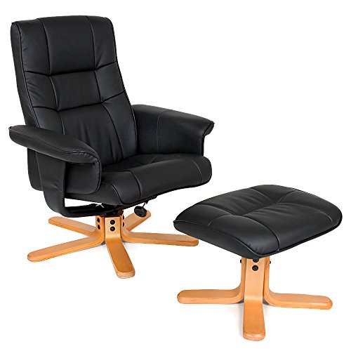 TecTake Sillón de TV con Taburete, Respaldo Ajustable, Reposapiés, 100% Polipiel, Acolchado Suave, Giro de 360°, Salón Despacho Oficina