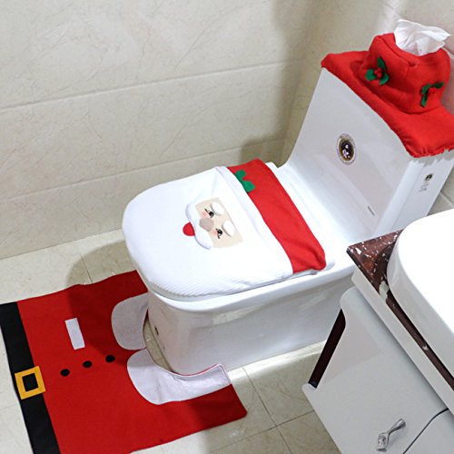 THEE 3pcs Toilet Set Decoración de Baño de Navidad Funda de Asiento y Alfombra y Caja de Tejido Caja de Regalo