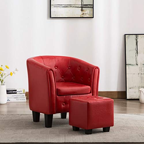 Tidyard Sillón con Diseño de Cubo con Reposapiés Sillones de Salón Diseño Moderno Cuero Dintético Rojo