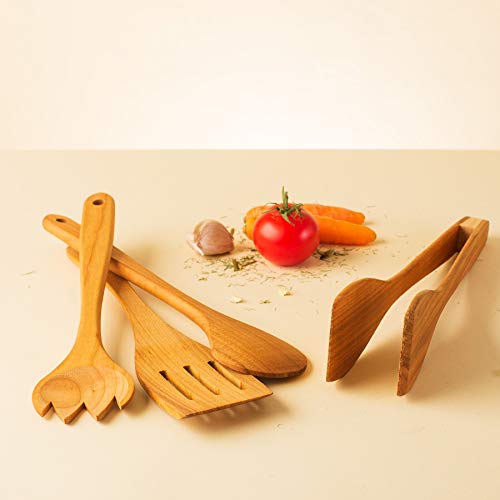 Tuuli Kitchen Set de Utensilios de Cocina Madera de cerezo (1x cubiertos para ensalada, 1x espátula, 1x pinzas de barbacoa)