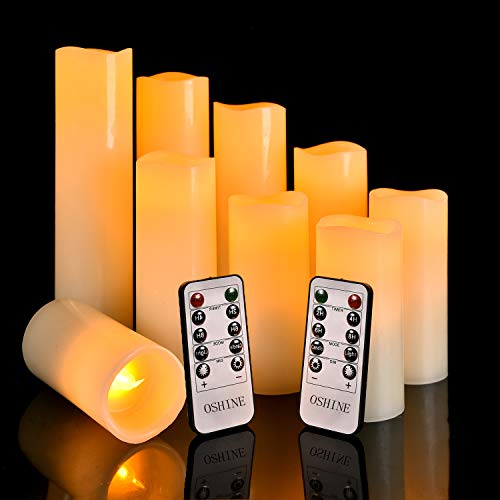 Velas de LED sin llama H4" 5" 6" 7" 8" 9" Set de9 pilar de cera real no plástico Con 10 teclas de control remoto temporizador300 horas (9, marfil) [Clase de eficiencia energética A]