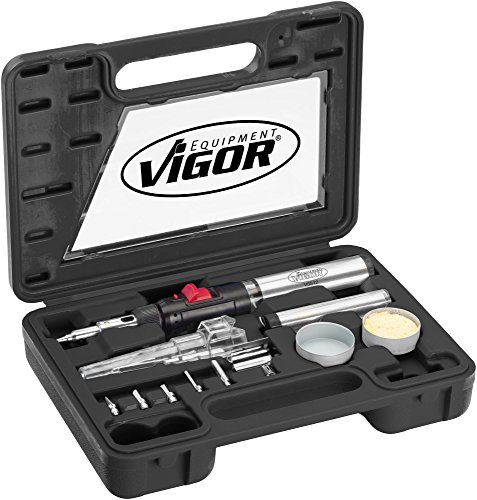 Vigor V5512 - Juego de soldador de gas (7 adaptadores diferentes, combina soldador, quemador y secador de aire caliente, 12 piezas)