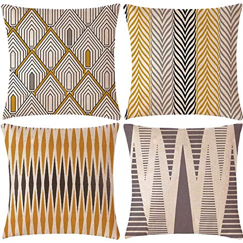 WAZA Set de 4PCS Funda de Cojín Suave Funda de Almohada Cuadrado Throw Pillow Case Decoración para Sofá Cama Hogar Estilo Simple Clásico 45x45cm (Geometría Amarilla)