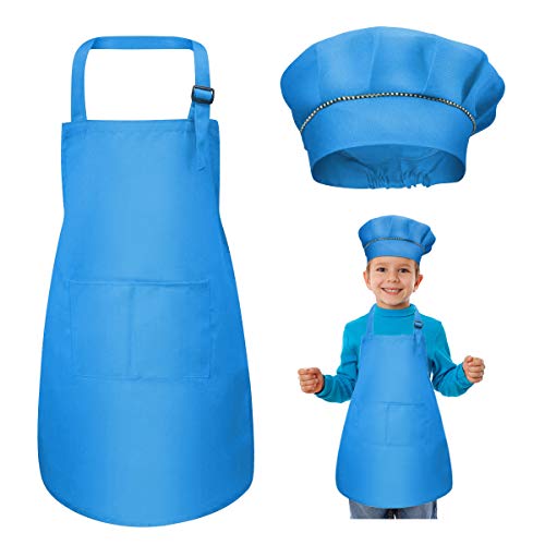 WEONE Niños Delantal y Gorro de Cocinero, Ajustable Delantal Infantil con 2 Bolsillos para Niños Niñas, Niñito Delantales de Cocina de Chef para Cocinar Hornear Pintar Artesanía (7-13 Años) (Azul)