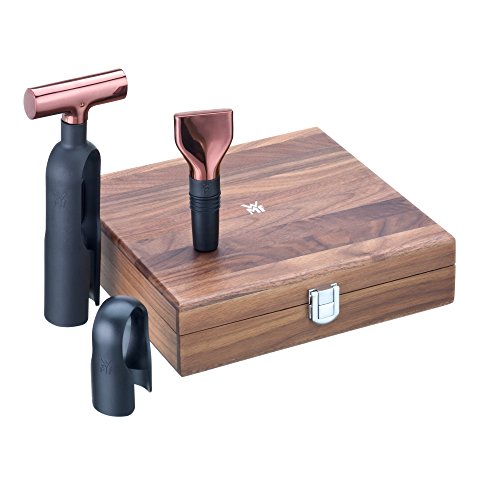 WMF 662876600 baric Sommelier Vino Set, de 3 Piezas en Caja de Madera de Nogal, sacacorchos, Cortador, tapón de Botella, Cobre, Plástico, Negro