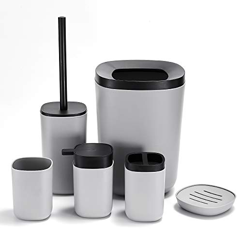 Wopeite 6 Pieza Juegos de Accesorios de Baño Cepillo de Baño, Taza, Bote de Basura, Soporte para Cepillo de Dientes, Dispensador, Jaboneras para Baño y Hotel Gris