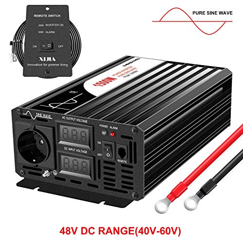 XIJIA 1500W (máximo 3000W) Onda sinusoidal Pura inversor de Corriente DC 48V a AC 230V 50Hz Solar conversor para Uso en casa Coche(DC48V (Rango 40V-60V) 1500W