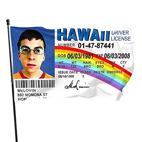 YeeATZ McLovin Fake ID Flag Driver License Banner Heavy Wind with Brass Grommets For College Dorm Room Man Cave Frat Wall Funny Outdoor Flag 3x5ft