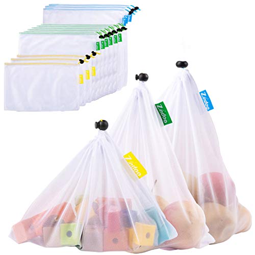 Zindoo Bolsas Compra Reutilizables Ecológicas, Alternativa al plástico, Lavable y Transpirable Bolsa de Malla para Almacenamiento Fruta Verduras Juguetes 12PCS(3S*6M*3L)