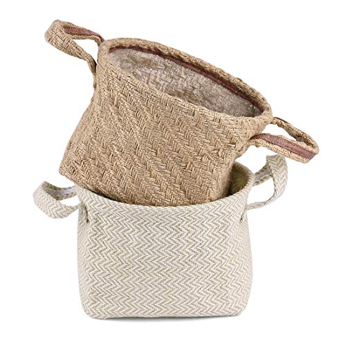 ZUQ Cesta de Almacenamiento Plegables Hecho de Yute y Lino Natural, Set de 2 Cesto de Almacenamiento con Asa, Organizar Cajas Bolsa de Almacenamiento para Artículos de Tocador, Papelería, Juguetes L