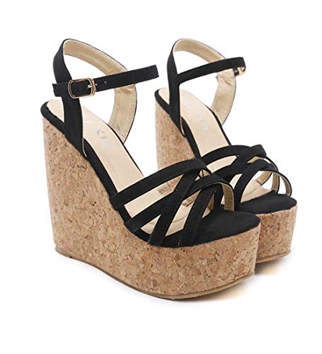 ZY&FC Sweet Sandalias de cuña con Punta Abierta Mujer Plataforma Impermeable de Verano Word Hebilla Strap 12Cm High Heels-35_Black