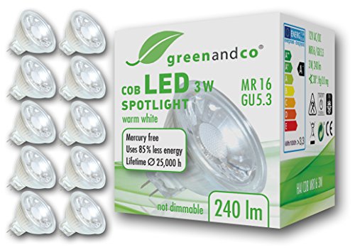 10 unidades de spots LED greenandco® MR16 GU5.3 3W (corresponde a 25W) 240lm 2700K (blanco cálido) COB LED 38° 12V AC/DC