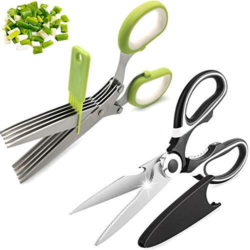 2 Piezas Utensilios de Cocina de Acero Inoxidable Tijeras de Cocina Multiusos,Tijeras de cocina de hierbas con 5 cuchillas de acero inoxidable y con peine de limpieza