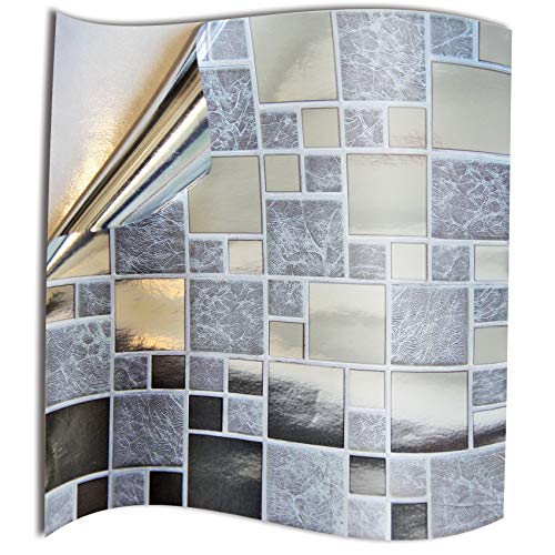 24x Gris Cromo Plateado Lámina impresa 2d PEGATINAS lisas para pegar sobre azulejos cuadrados de 15cm en cocina, baños – resistentes al agua y aceite