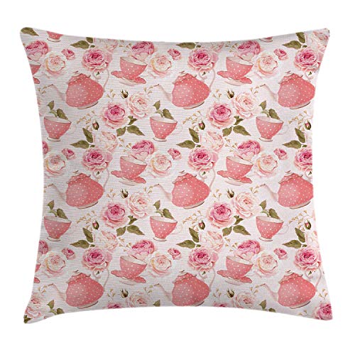 ABAKUHAUS Floral Funda para Almohada, Estilo Vintage Tazas de Té Rosas Diseño Romántico Shabby Chic Estampa, Apto para Uso en Interiores y Exteriores Colores Firmes, 50 x 50 cm, Verde Hoja