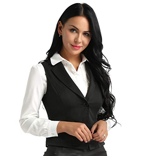 Agoky Chaleco Mujer Chica Vestimenta Classico Traje Formal de Fiesta Ceremonia Bautizo Boda Algodón Camisa sin Mangas V Cuello Botones Uniforme Camarera Suit Vest Waistcoat Negro Large