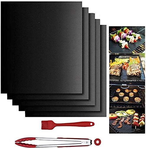 Alliebe Estera de Barbacoa, 5 Piezas Antiadherente Reutilizable Alfombrilla de Barbacoa para Horno, Gas Carbón, Parrilla y BBQ - con Pinzas de Cocina Silicona 12"