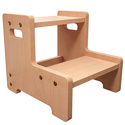 Amkoskr Taburete de 2 Escalones para Niños Pequeños, Taburete de Madera para Niños con Asas para ir al Baño, Baño, Cocina, Dormitorio, Sala de Juguetes y Sala de Estar