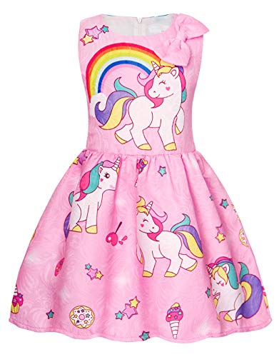 AmzBarley Vestido de Traje Disfraz Pincesa Unicornio Niña de Navidad Fiesta,Disfraz Angel Niña Infantil sin Marga para Ceremonia Boda Bautizo Baile Cumpleaños Halloween Rosa2 9-10Años 140