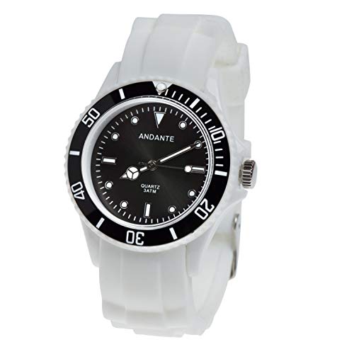 Andante Reloj de pulsera deportivo impermeable unisex de silicona, cuarzo, 3 ATM, color blanco y negro AS-5004B modelo 2019