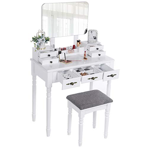 ANWBROAD Juego de Tocador Escritorio grande de Maquillaje con Taburete Almohadillas Espejo sin marco 7 cajones y 3 separadores Organizador extraíble Juego Blanco de almacenamiento de joyas para BDT03W