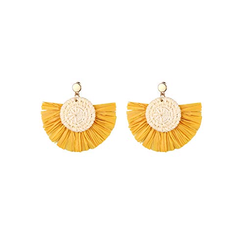 Aroncent Colgantes de Oreja de Estilo Bohemio Exagerado Pendientes Tejido de Flecos Elegante para Mujer Aretes Semicírculo con Aguja de Acero Inoxidable Diseño Moda Retro Color Amarillo