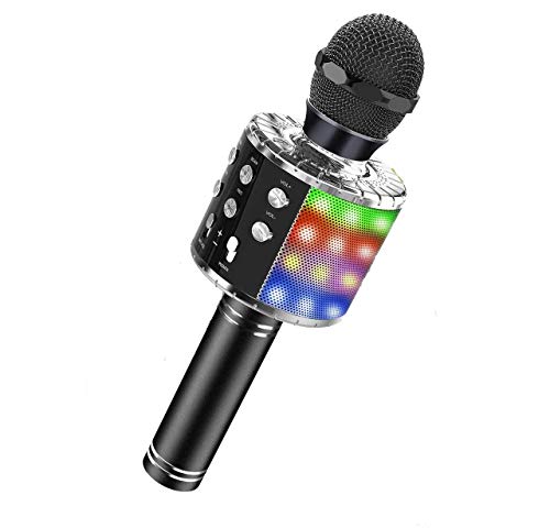 ASENTER Micrófono Inalámbrico Bluetooth Karaoke con luces LED,Infantil Portátil de mano Speaker Machine Birthday Home Party Compatible con Android/iOS/PC/AUX o Teléfono Inteligente (Oro)