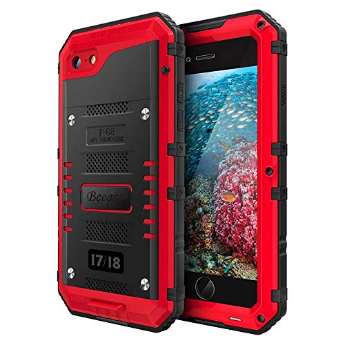 Beeasy Funda Armadura iPhone 7/8 Impermeable,IP68 Certificado Sumergible Carcasa,360 Grados Protección Protector de Pantalla Incorporado,Militar Antigolpes Antipolvo Robusta Duradera Fuerte,Rojo