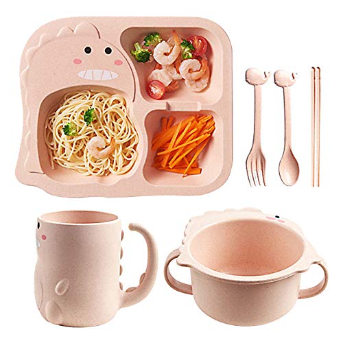 Besylo vajilla bebe, Vajilla Infantil, Vajilla de 6 piezas con plato para niños, cuenco, taza, cuchara, tenedor, dinosaurio pequeño de dibujos animados, vajilla de paja de trigo saludable (rosa)