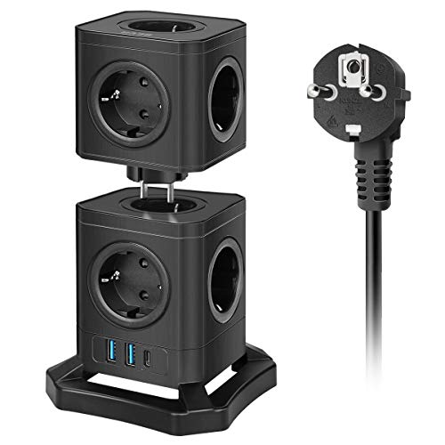 BEVA Regleta Enchufes Vertical, Enchufes de Carga Rápida Type-c(30W), 2 Tomas USB Inteligentes y 9 Tomas de CA, Enchufes Pared Extraíble con Protección Contra Sobrecargas Cable de 2M, 2500W/10A