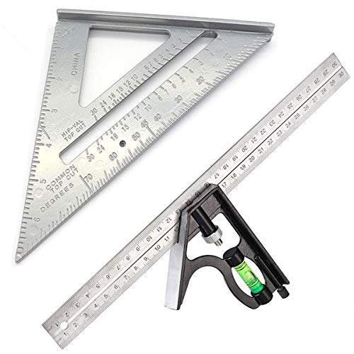 Binjor 2 piezas Regla multifunción combinada 300MM Square Angle Ruler Adjustable acero inoxidable Regla angulada multifuncional Regla de ángulo carpintería 7 pulgadas triángulo aleación de aluminio